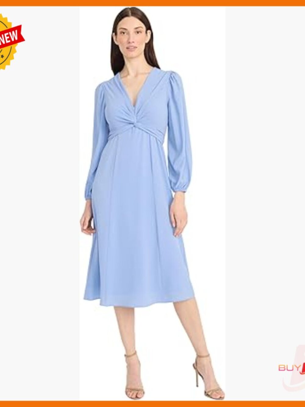 Long Sleeve Midi Dress With Twist Detail, Fit And Flare, V-Neck